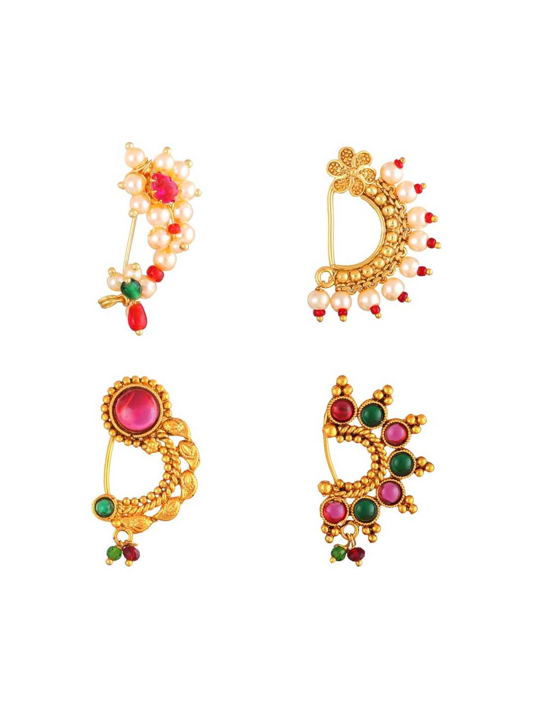 

Vighnaharta Set Of 4 Gold-Plated Stone-Studded & Beaded Nosepins