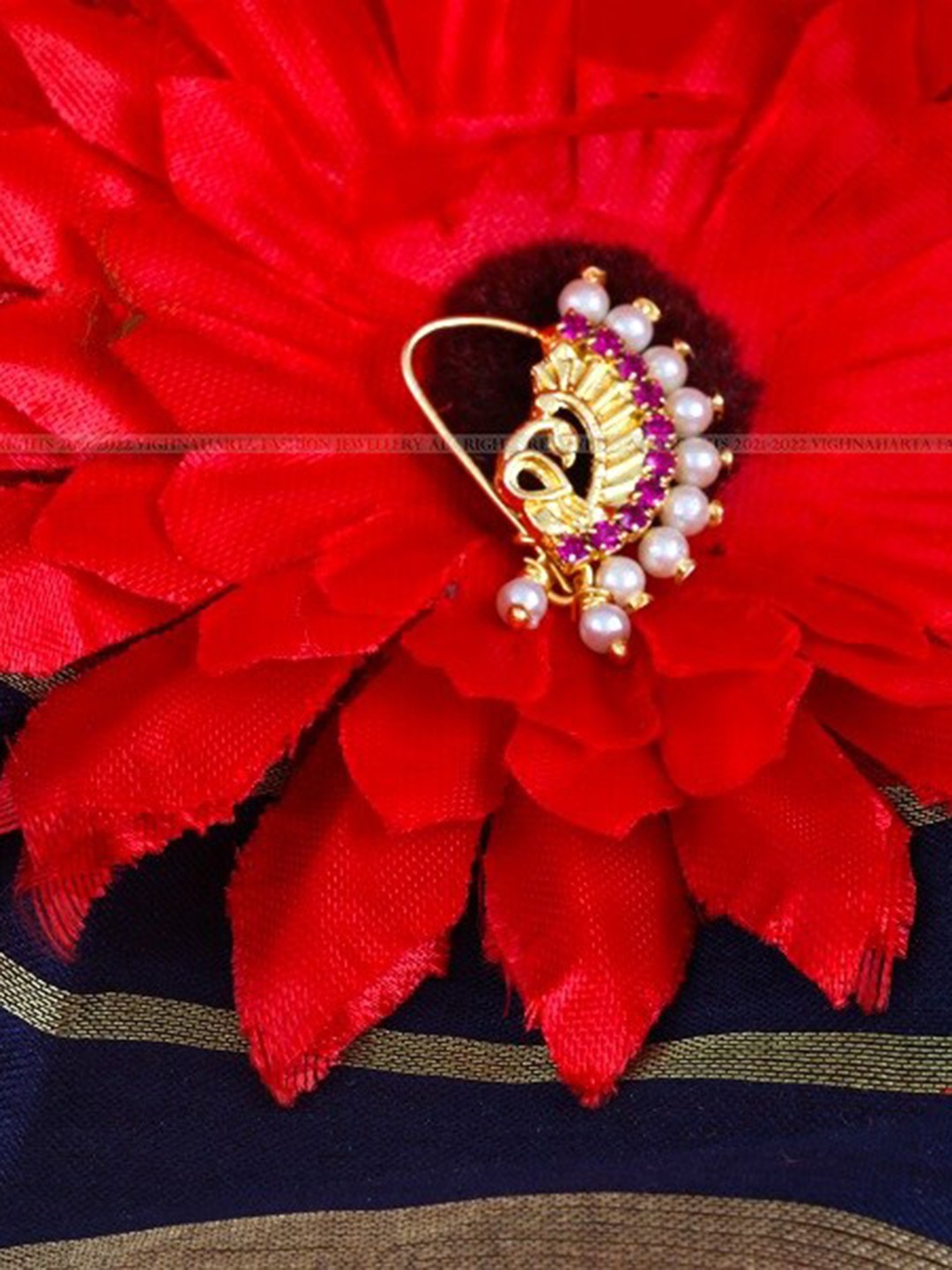 

Vighnaharta Set Of 2 Gold-Plated Stone-Studded & Pearl Beaded Nosepins