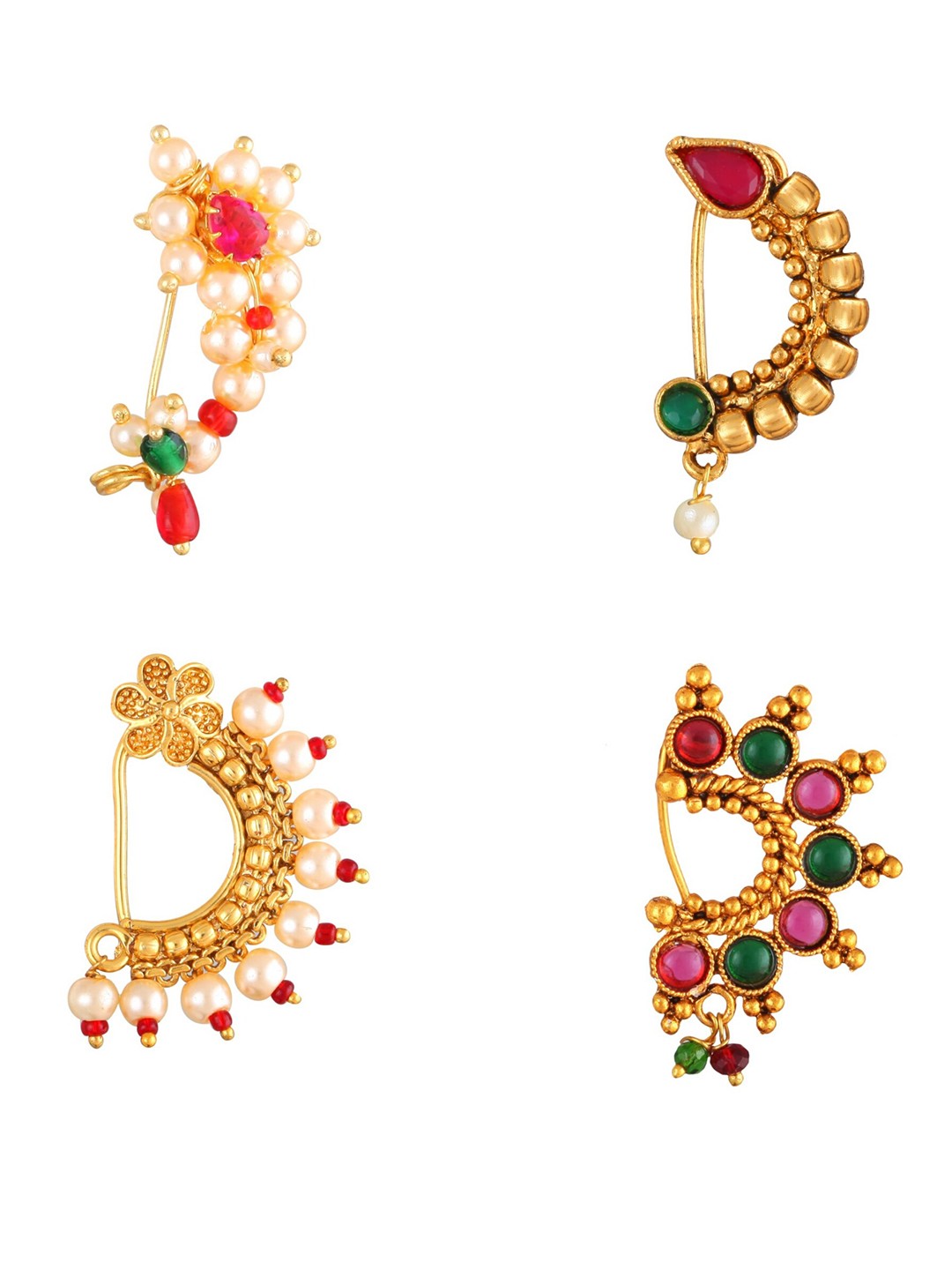 

Vighnaharta Set Of 4 Gold-Plated Stone Studded & Pearls Beaded Nosepins