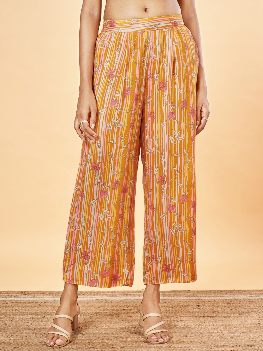 

Marigold Lane Women Floral Printed Straight Fit High-Rise Parallel Trousers, Orange