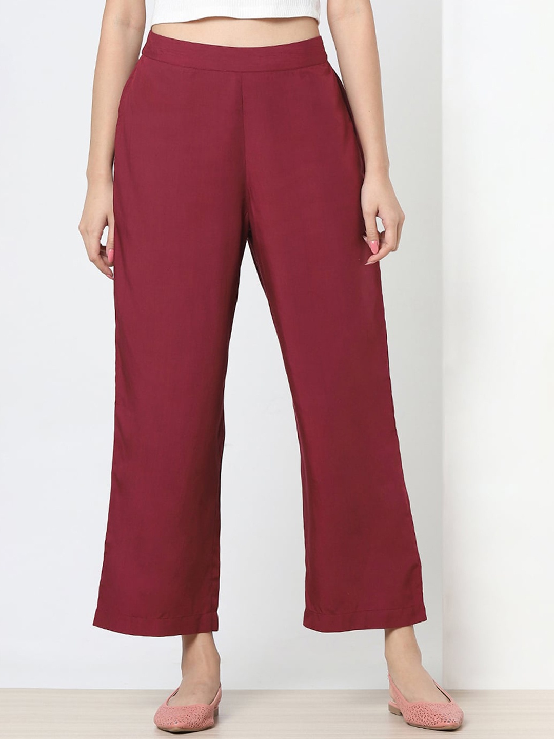 

Marigold Lane Women Mid-Rise Straight Fit Cotton Trousers, Maroon