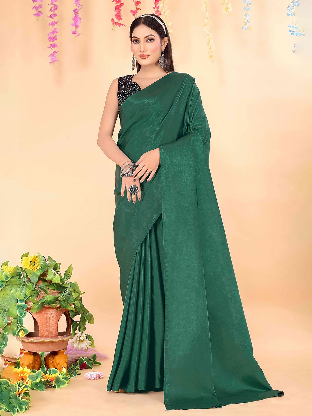 

Florence Sequinned Art Silk Saree, Green