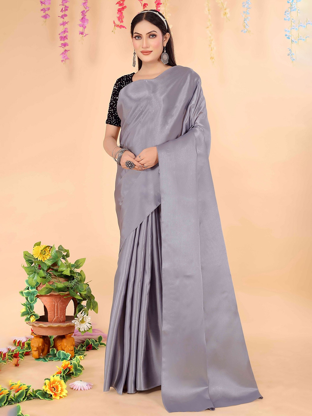 

Florence Sequinned Art Silk Saree, Grey