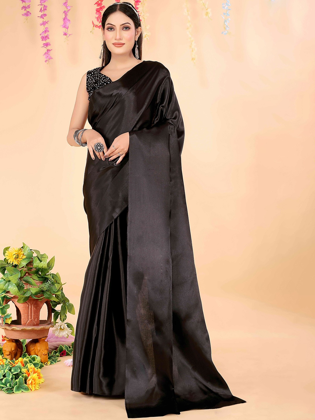 

Florence Sequinned Art Silk Saree, Black