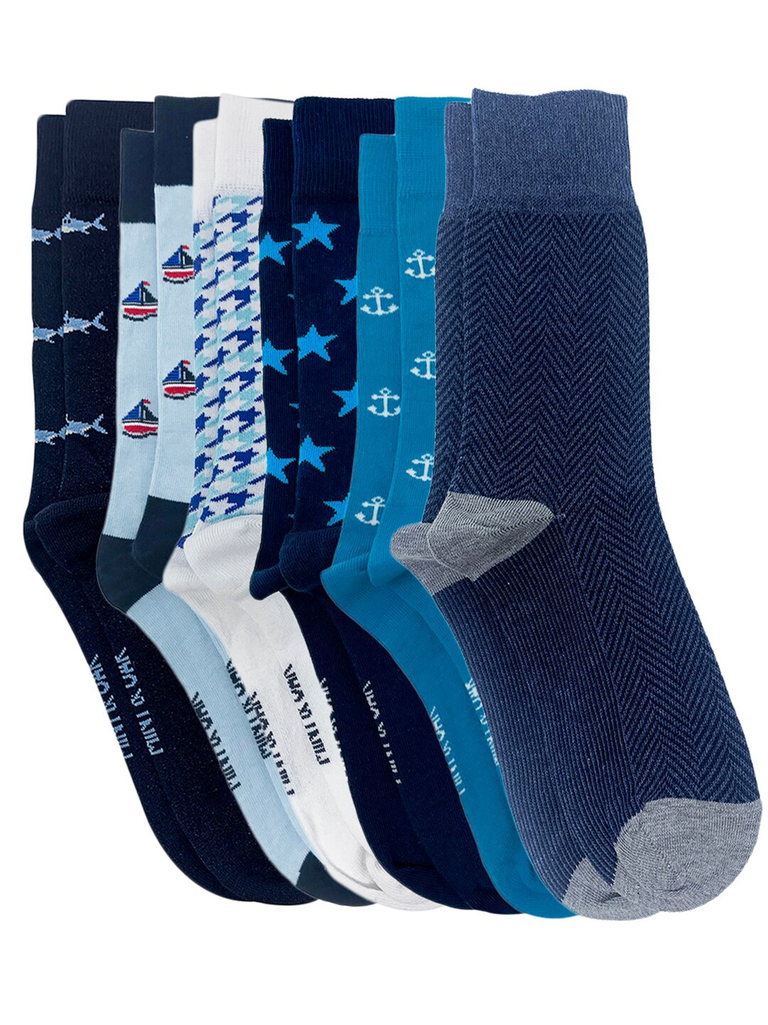 

Mint & Oak Men Pack Of 6 Patterned Moisture Wicking Calf Length Socks, Blue