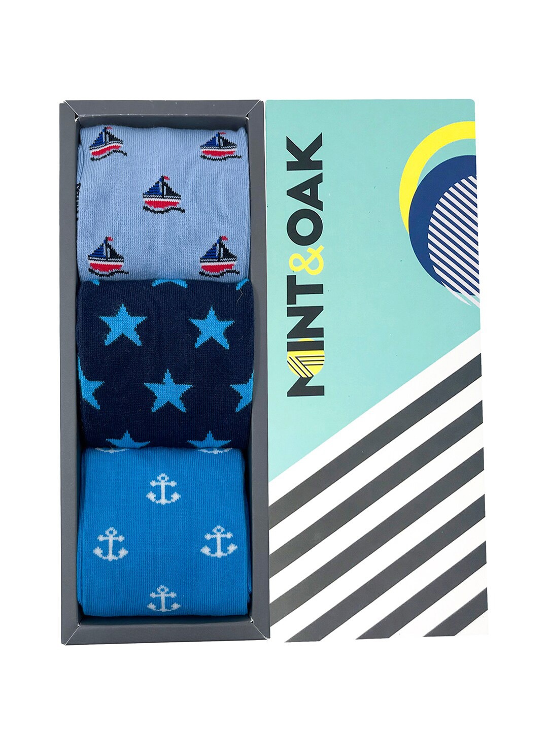 

Mint & Oak Men Pack of 3 Printed Above Ankle Length Socks, Blue