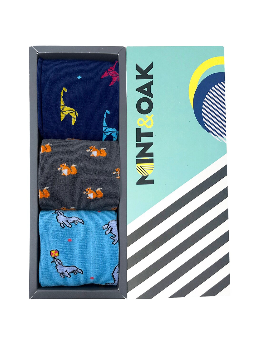 

Mint & Oak Men Pack Of 3 Patterned Eco-Friendly Calf Length Socks, Navy blue