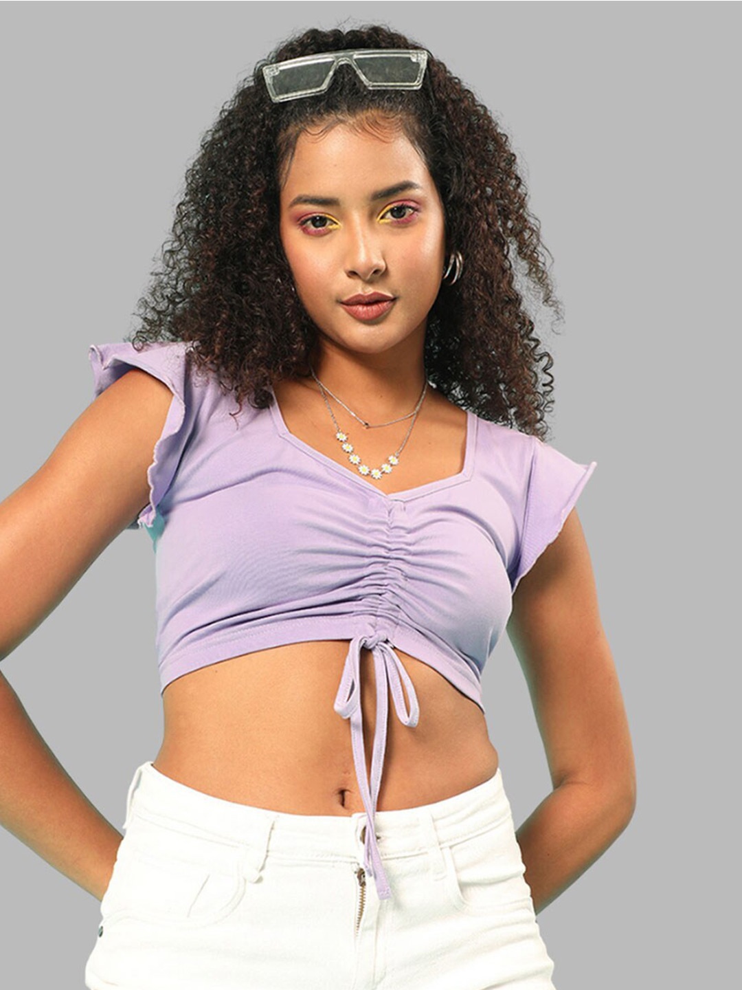 

JUNEBERRY V-Neck Cotton Ruched Fitted Crop Top, Purple