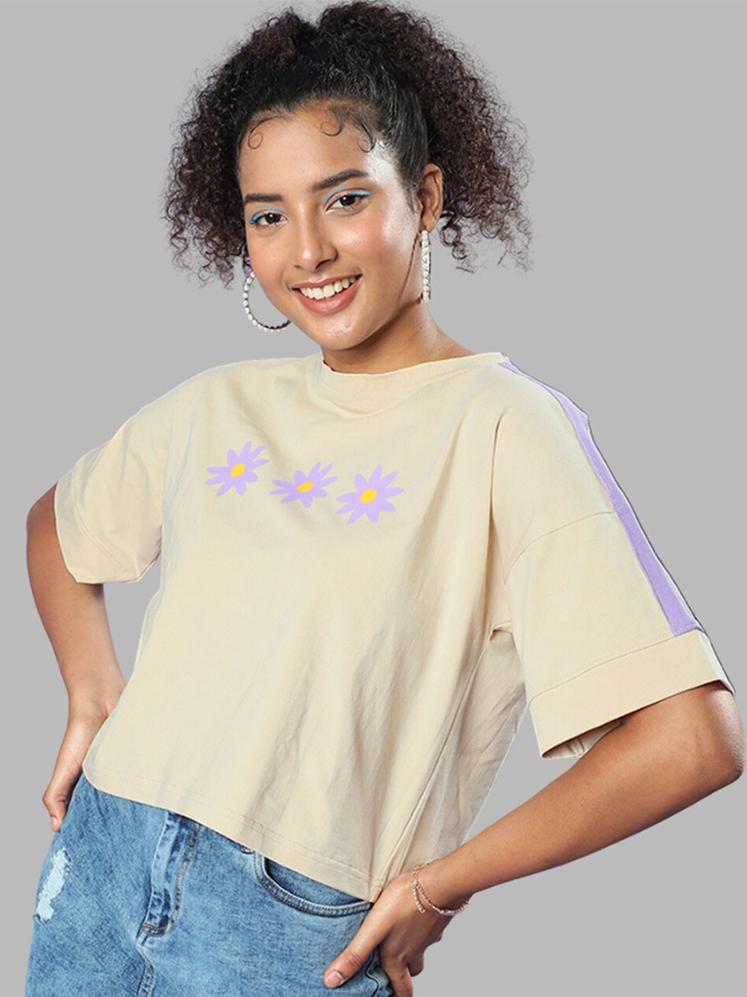 

JUNEBERRY Floral Printed Drop-Shoulder Sleeve Cotton Top, Beige