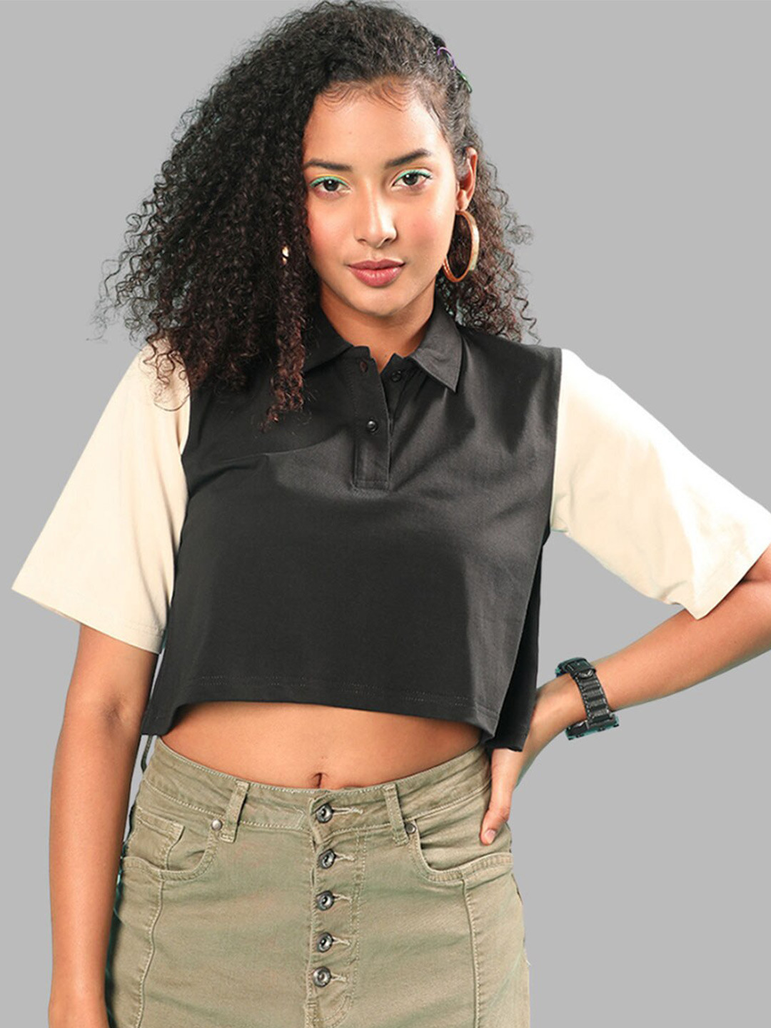 

JUNEBERRY Shirt Collar Cotton Crop Top, Black