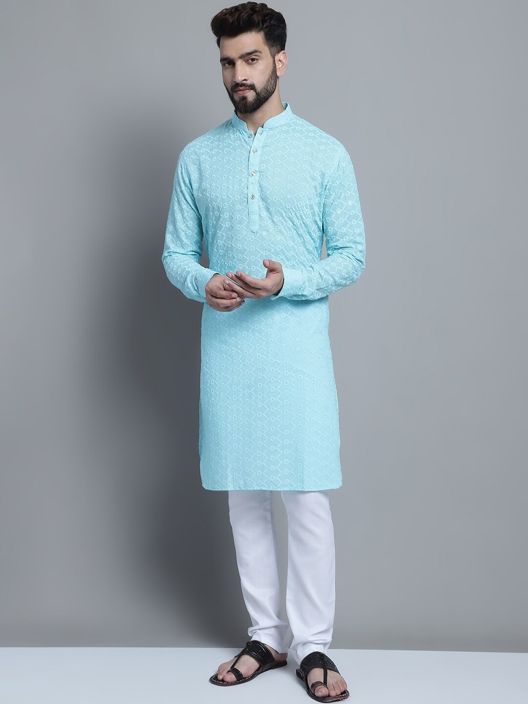 

TREEMODA Floral Embroidered Mandarin Collar Pure Cotton Straight Kurta With Pyjamas, Blue
