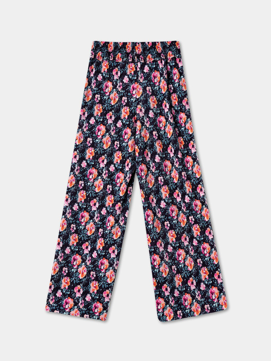 

R&B Girls Floral Printed Straight Fit Trousers, Navy blue