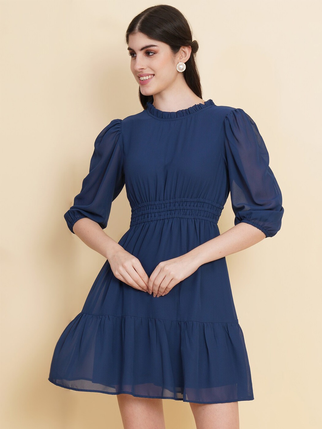 

RAASSIO Puff Sleeve Tiered Fit & Flare Dress, Blue