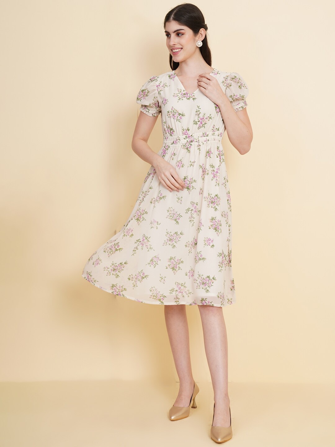 

RAASSIO Floral Printed Puff Sleeve Fit & Flare Dress, Cream