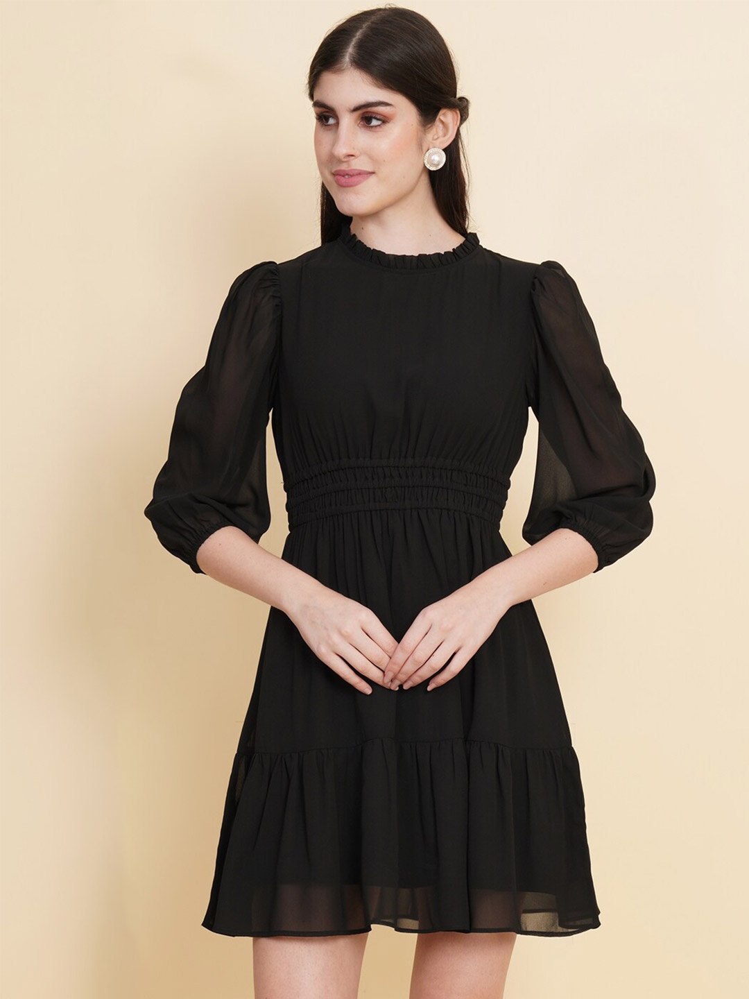 

RAASSIO Puff Sleeve High Neck Fit & Flare Dress, Black