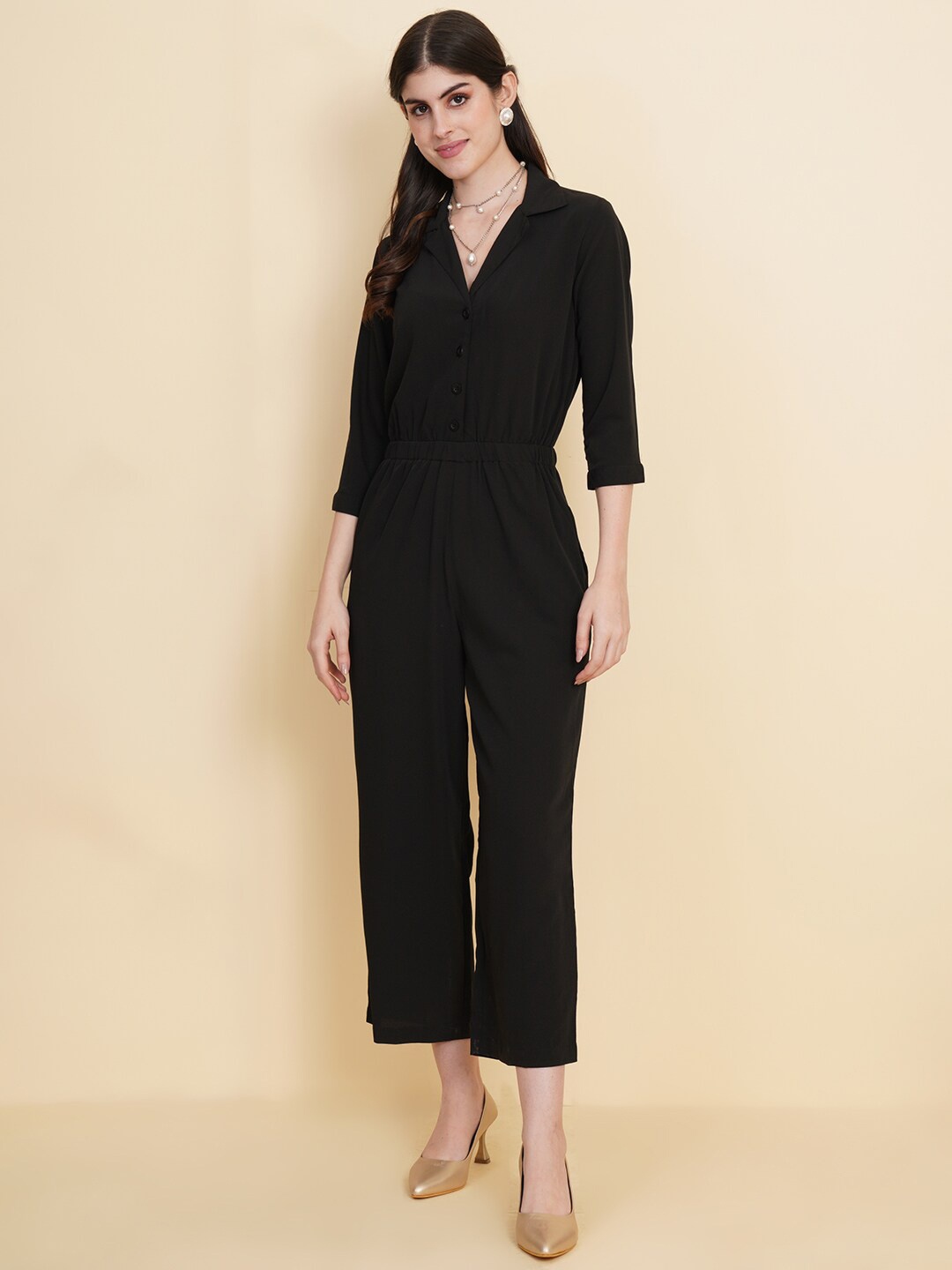 

RAASSIO Shirt Collar Basic Jumpsuit, Black