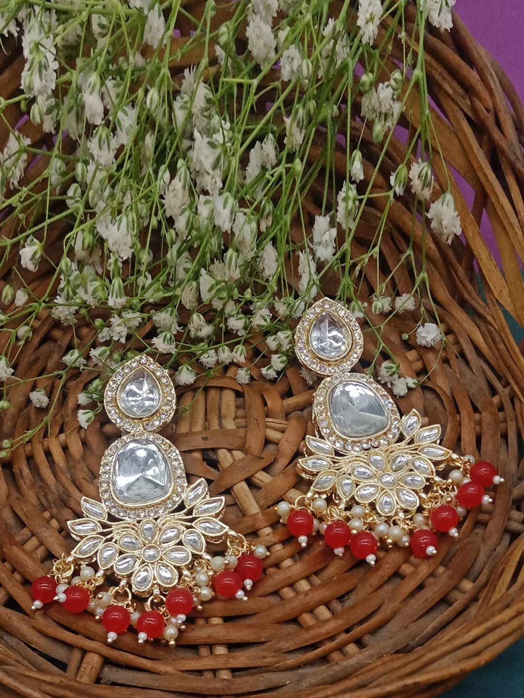 

AASHISH IMITATION Gold-Plated Contemporary Drop Earrings, Red