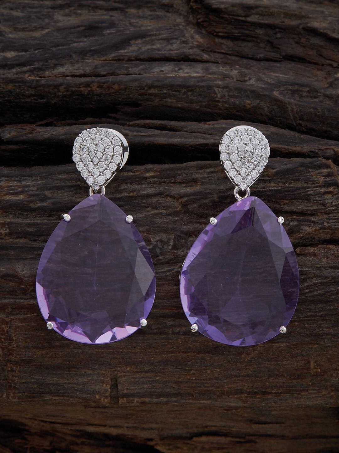 

Kushal's Fashion Jewellery Rhodium-Plated Zircon-Studded Teardrop Shaped Drop Earrings, Lavender
