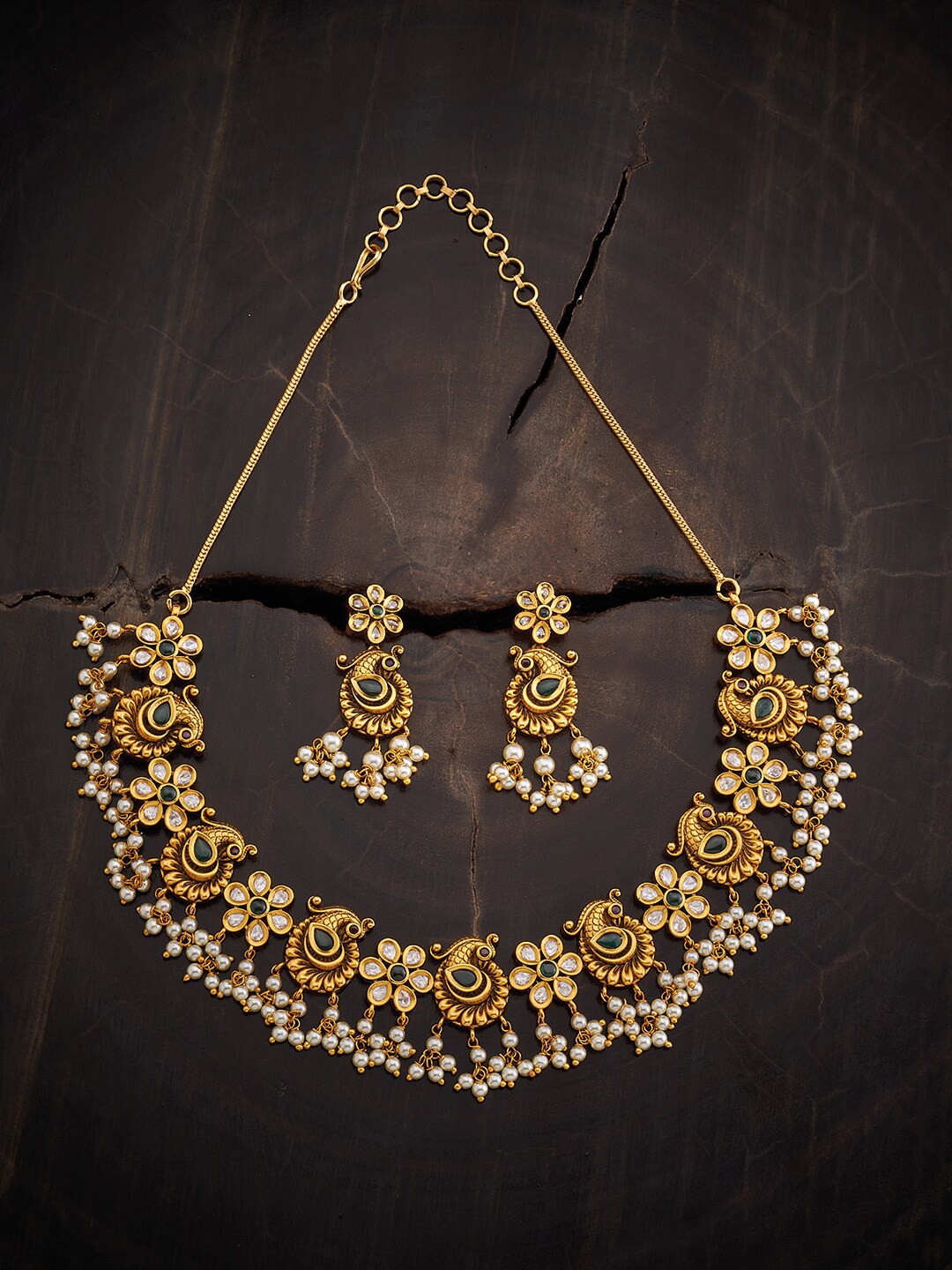 

Kushal's Fashion Jewellery Stone Studded & Pearl Beaded Antique Jewellery Set, Gold