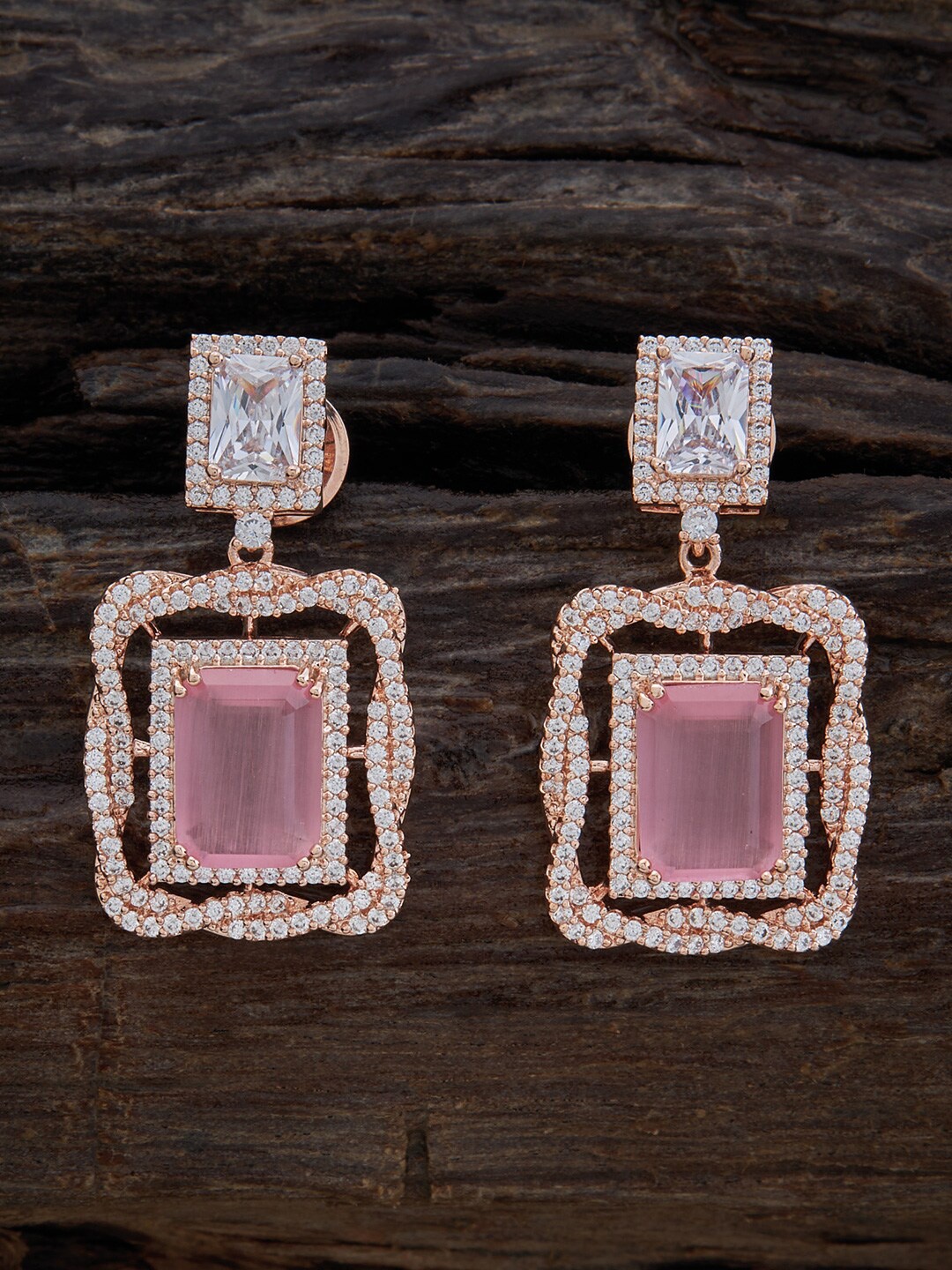 

Kushal's Fashion Jewellery Rhodium-Plated Cubic Zirconia Studded Square Drop Earrings, Pink