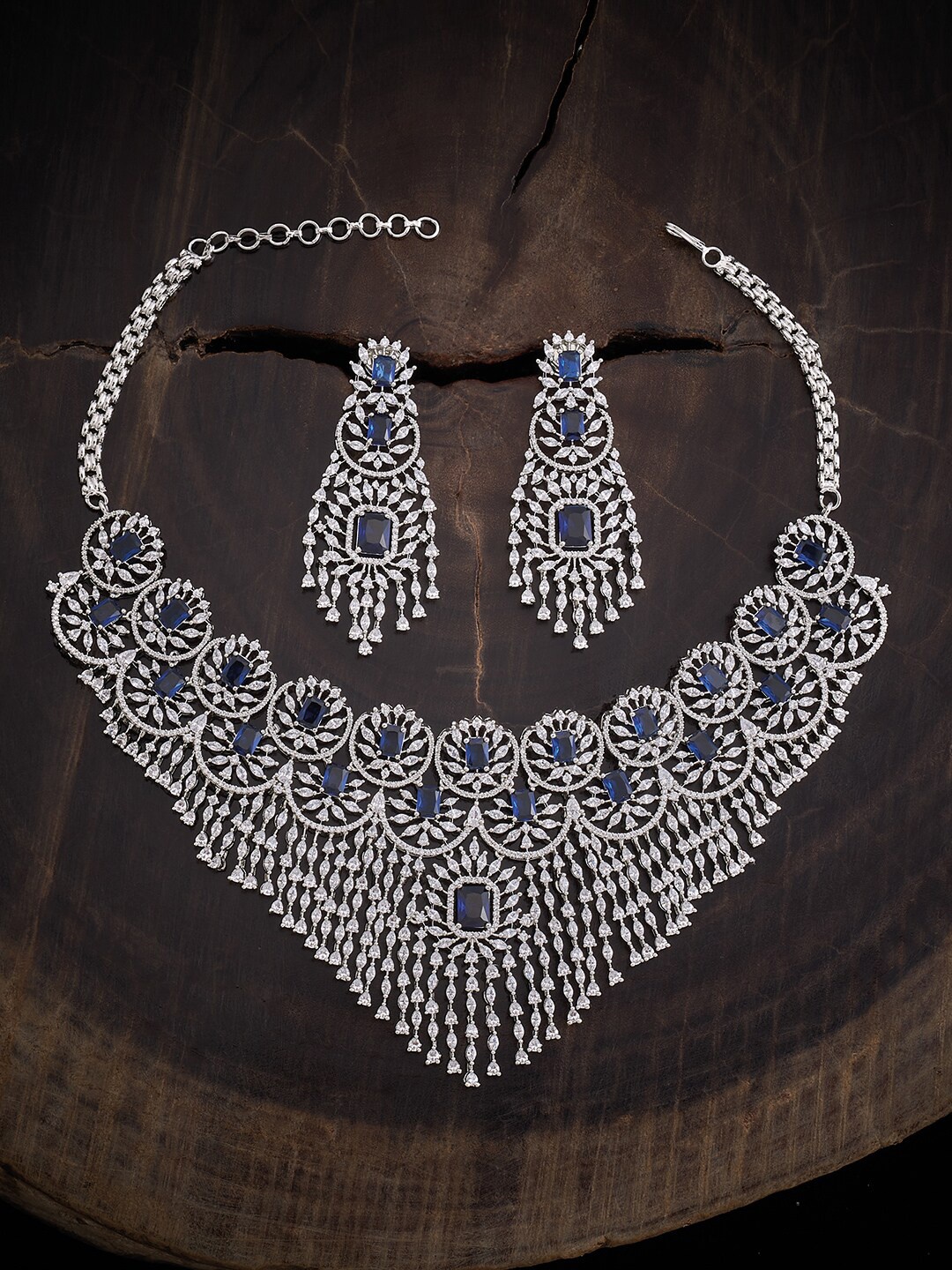 

Kushal's Fashion Jewellery Rhodium-Plated CZ Studded Jewellery Set, Silver