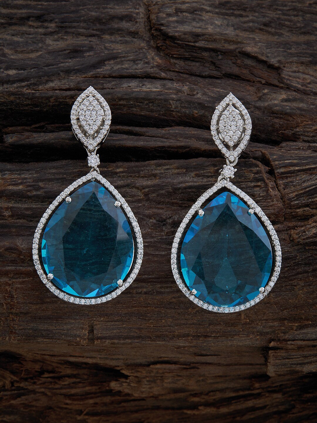 

Kushal's Fashion Jewellery Rhodium-Plated CZ-Studded Teardrop Shaped Drop Earrings, Silver
