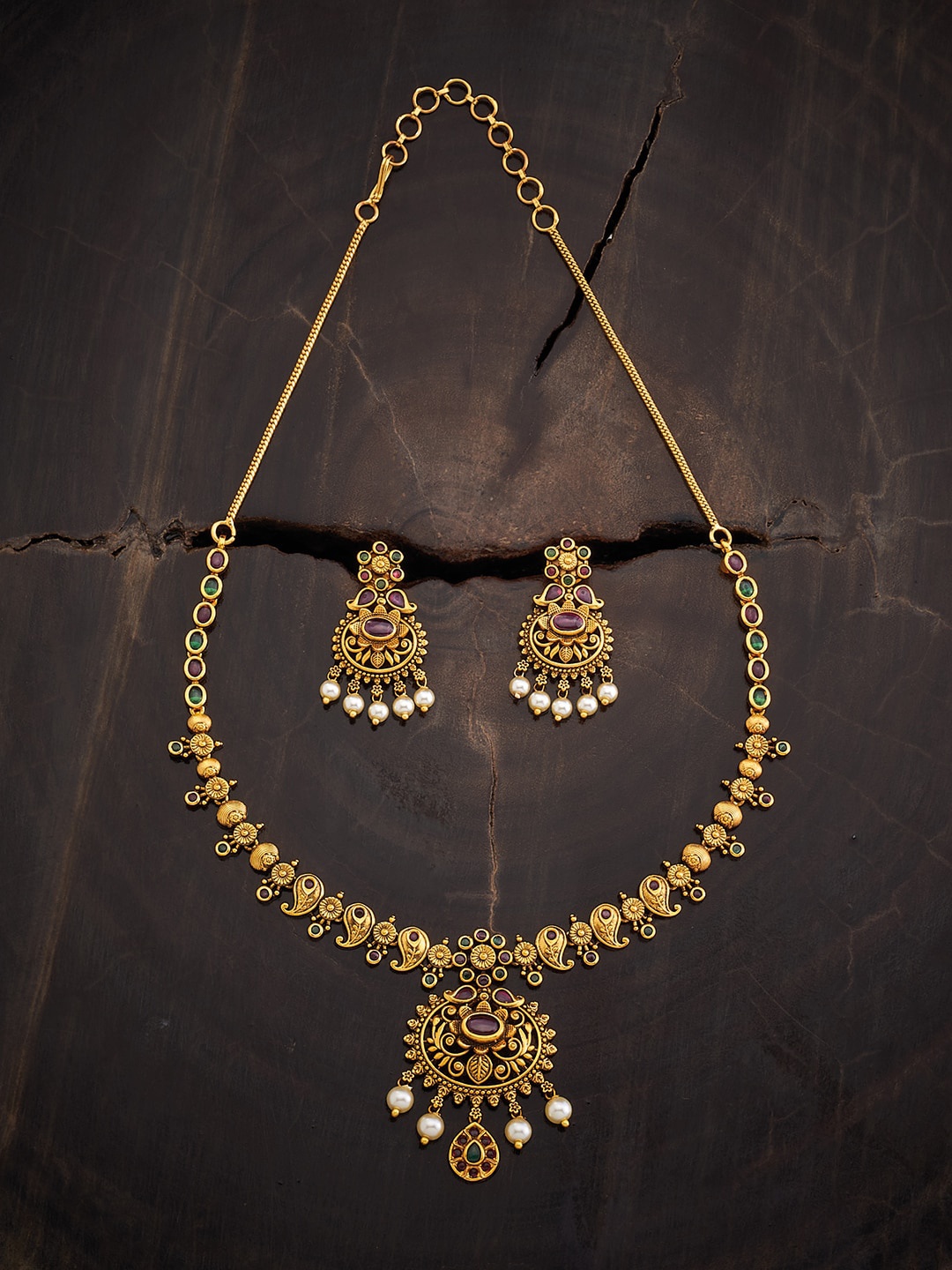 

Kushal's Fashion Jewellery Stone Studded & Pearl Beaded Antique Jewellery Set, Gold