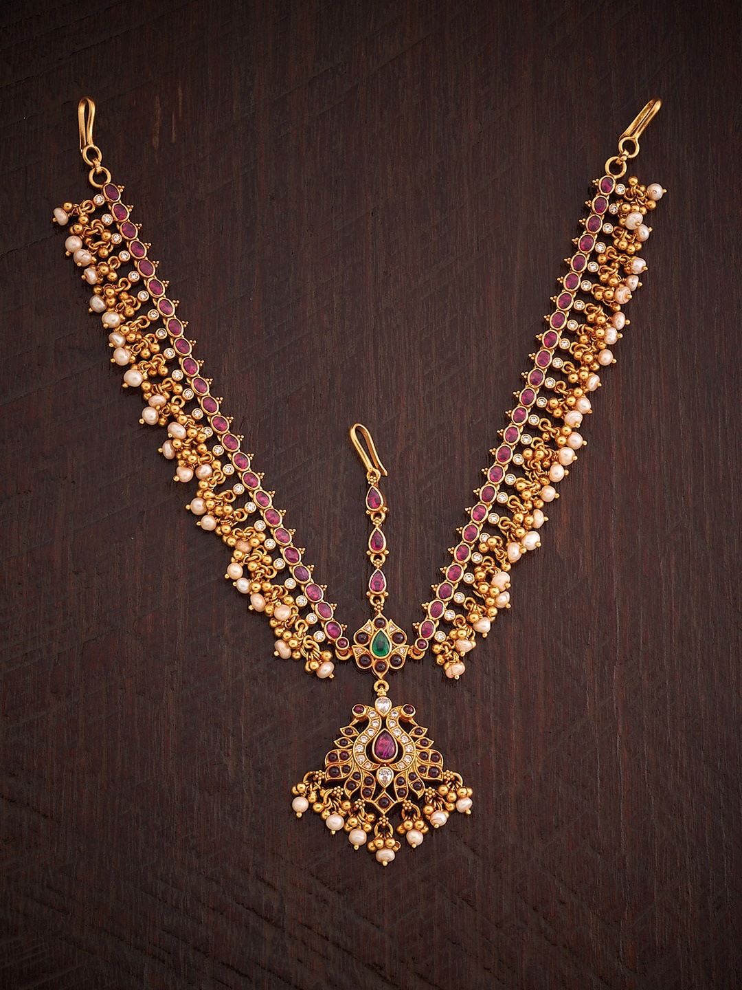 

Kushal's Fashion Jewellery Pure Silver Gold Plated Stone Studded & Beaded Mathapatti