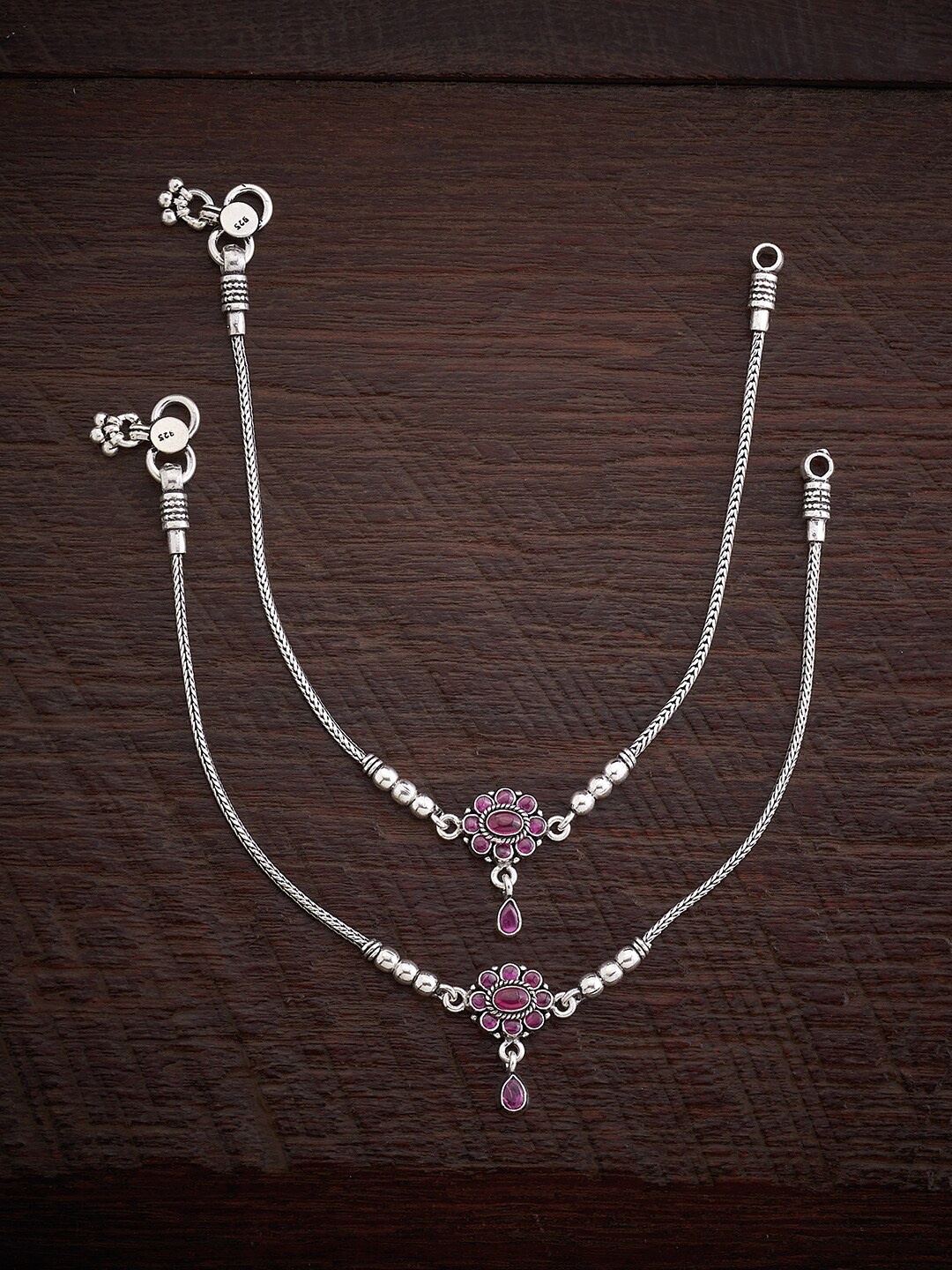 

Kushal's Fashion Jewellery Set Of 2 Rhodium-Plated Stone Studded Anklets, Silver