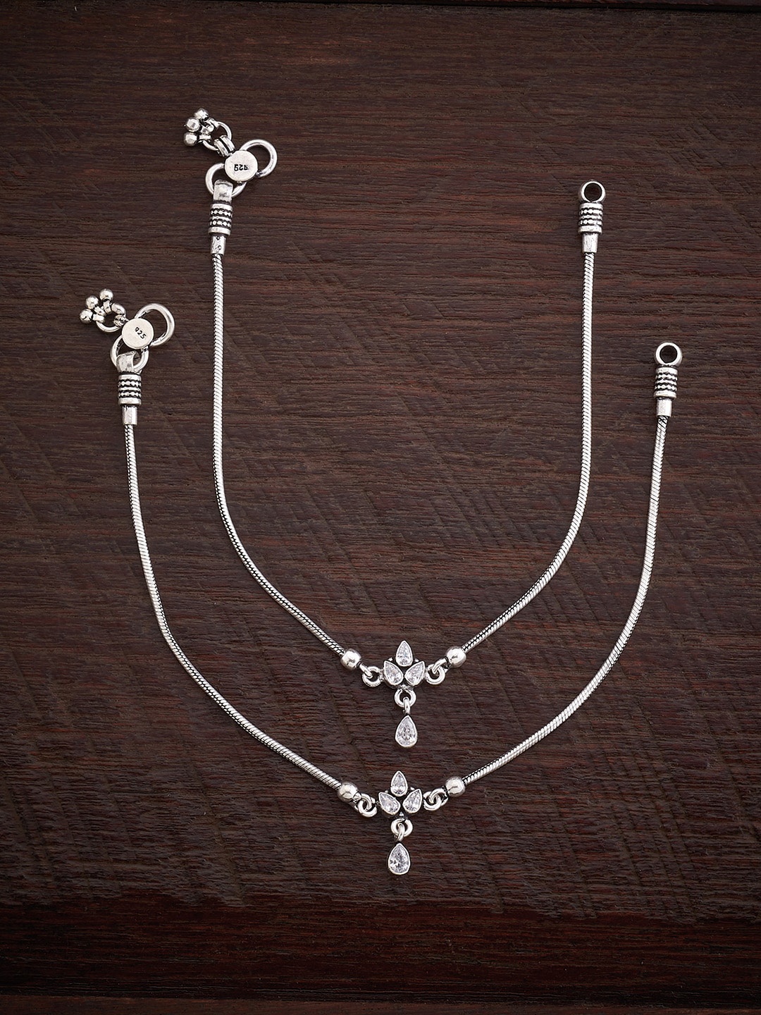 

Kushal's Fashion Jewellery Set of 2 Rhodium-Plated Stone Studded Anklets, Silver