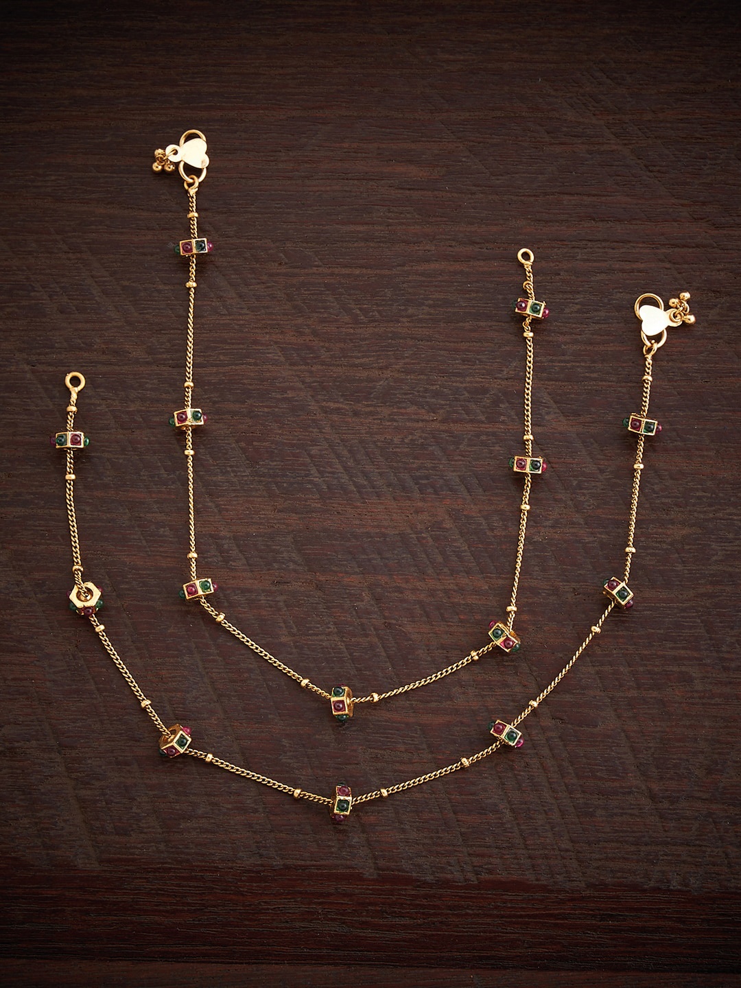 

Kushal's Fashion Jewellery Set Of 2 Gold Plated Stone Studded Antique Anklets