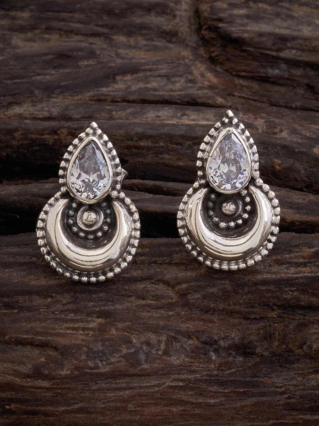 

Kushal's Fashion Jewellery Rhodium-Plated Stone Studded Teardrop Chandbalis, White
