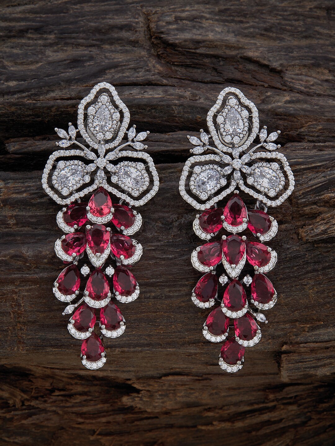 

Kushal's Fashion Jewellery Rhodium-Plated Teardrop Shaped CZ Studed Drop Earrings, Red