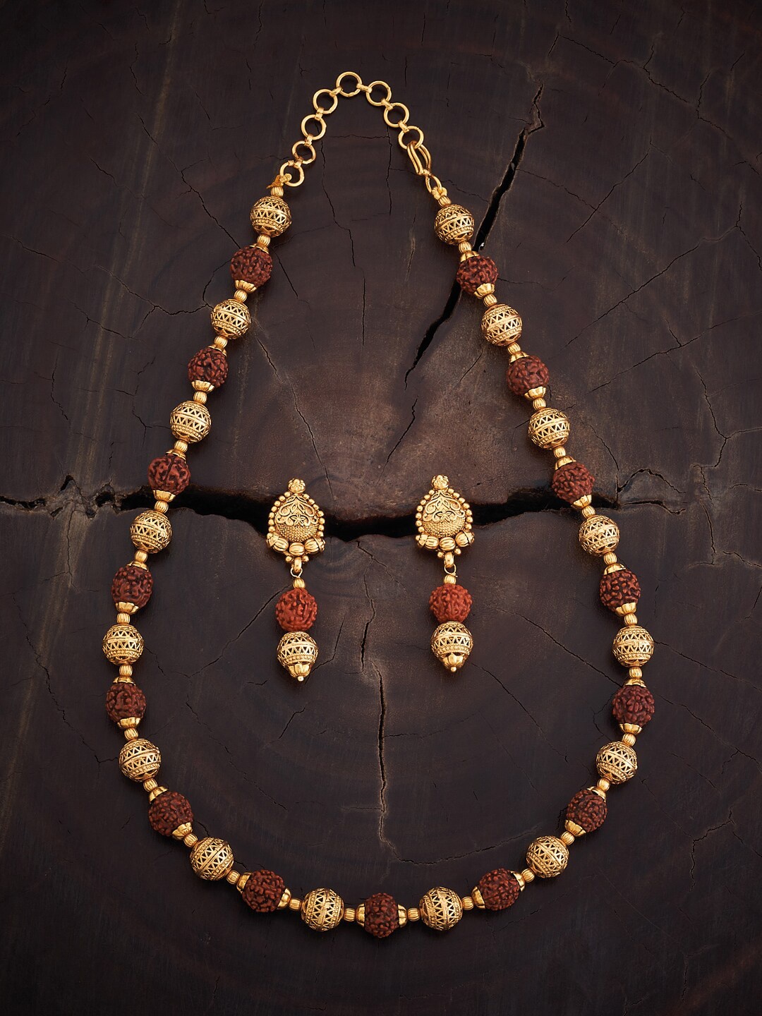 

Kushal's Fashion Jewellery Rudhraksha Beaded Antique Jewellery Set, Gold
