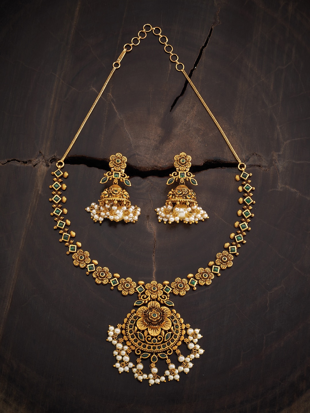 

Kushal's Fashion Jewellery Stone Studded & Pearl Beaded Antique Jewellery Set, Gold