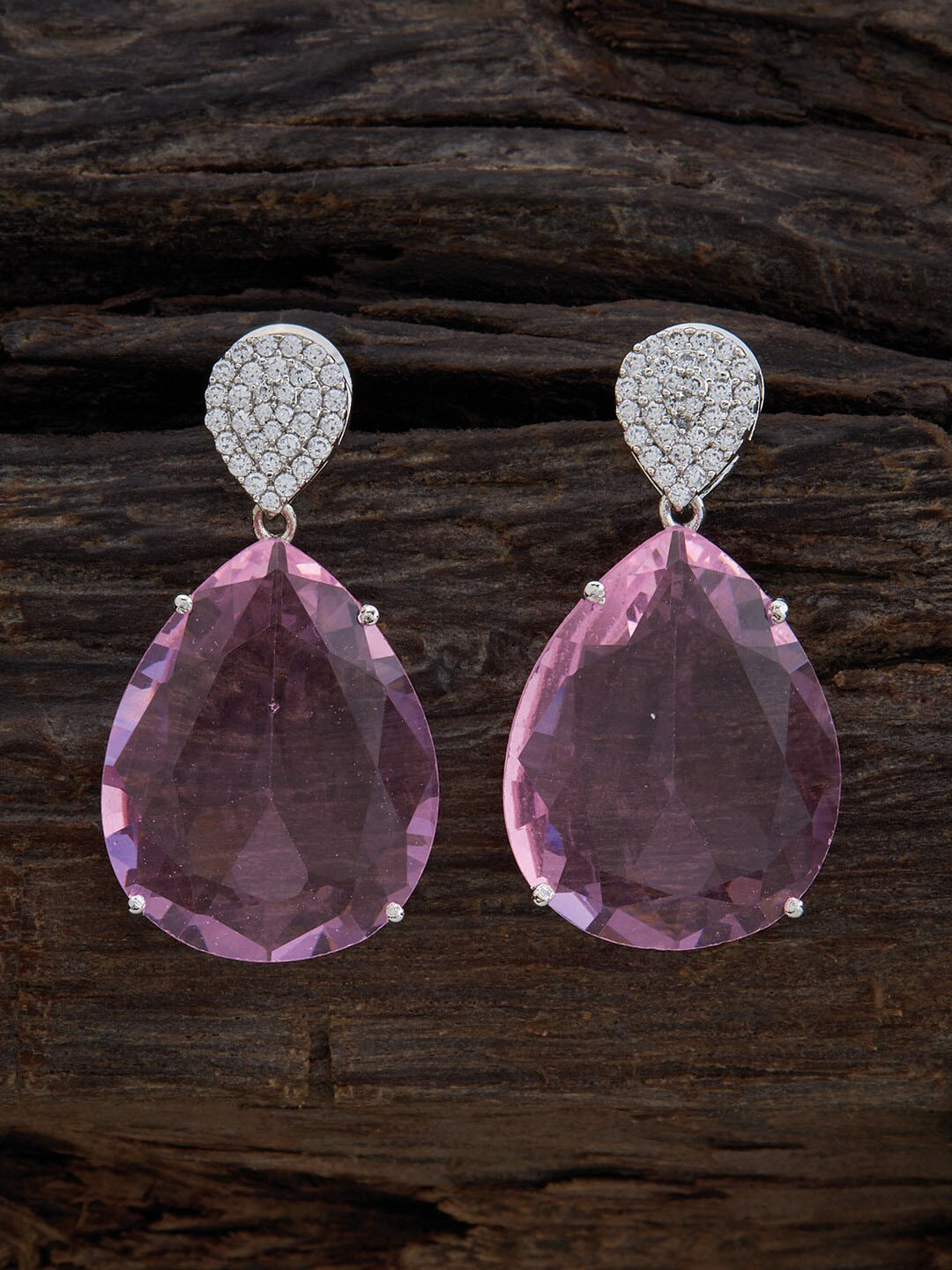 

Kushal's Fashion Jewellery Rhodium-Plated CZ-Studded Teardrop Shaped Drop Earrings, Silver