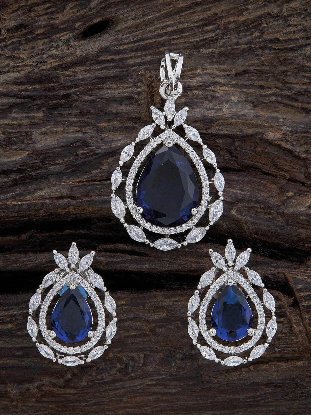 

Kushal's Fashion Jewellery Rhodium-Plated Stone Studded Pendant Set, Silver