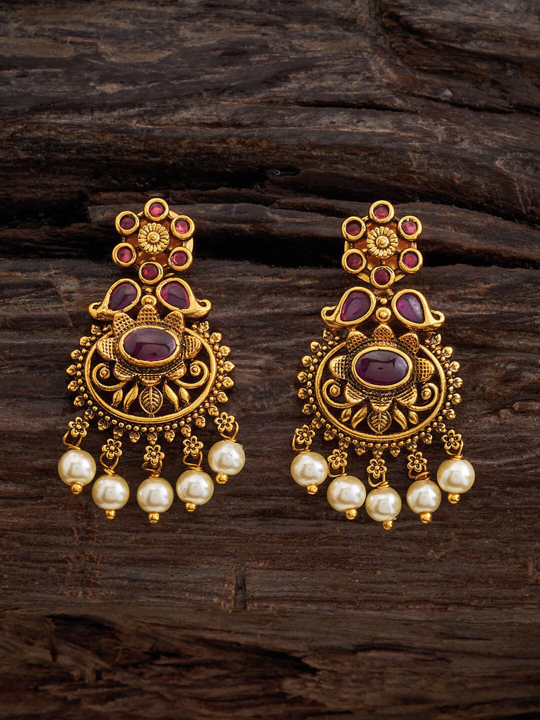 

Kushal's Fashion Jewellery Stone Studded & Pearls Beaded Circular Drop Earrings, Gold