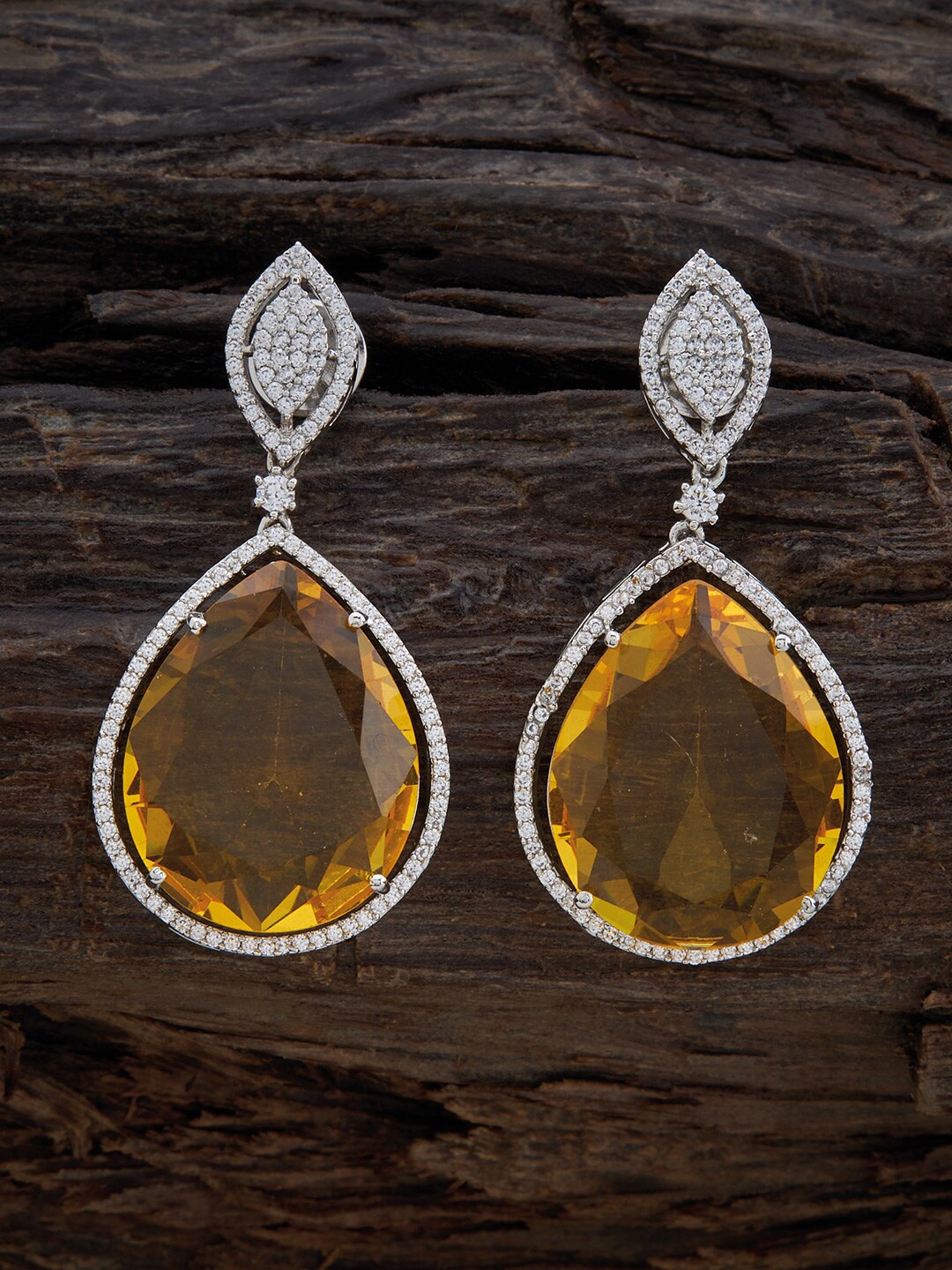 

Kushal's Fashion Jewellery Rhodium-Plated Teardrop Shaped Drop Earrings, Silver