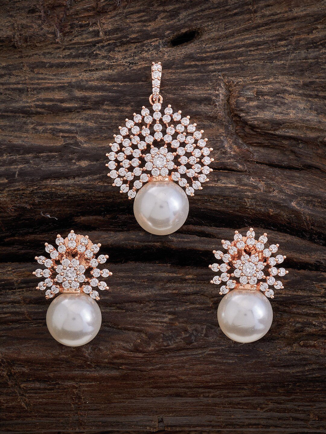 

Kushal's Fashion Jewellery Rose Gold-Plated & CZ-Studded Oval-Charm Pendant With Earrings, White