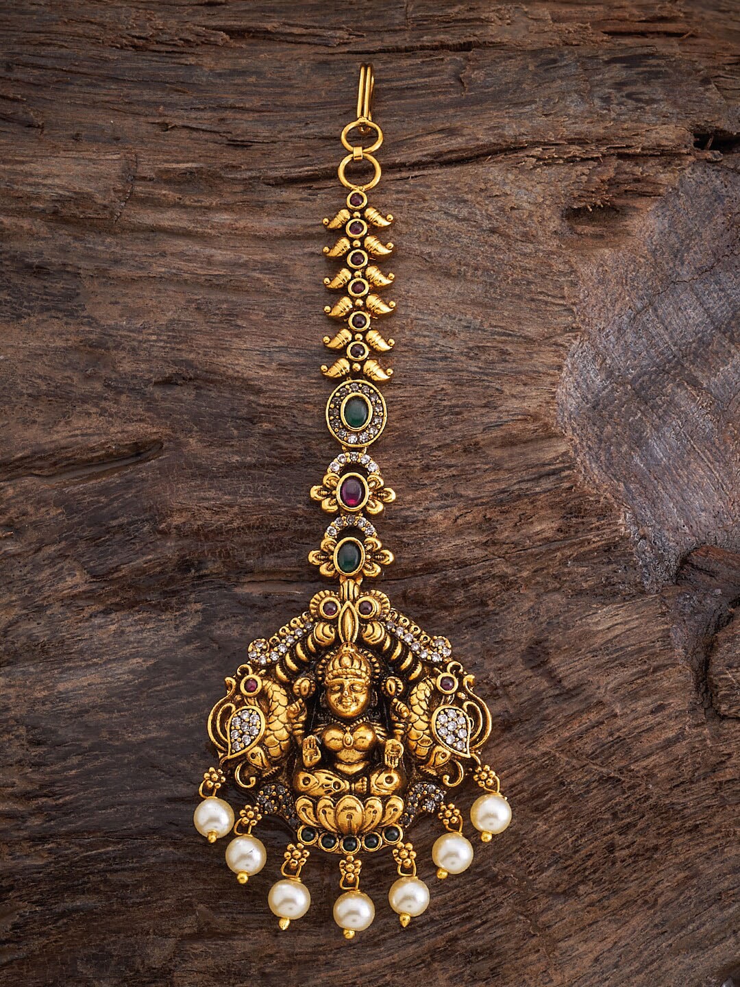 

Kushal's Fashion Jewellery Gold-Plated Stone-Studded & Pearls-Beaded Antique Mang Tikka