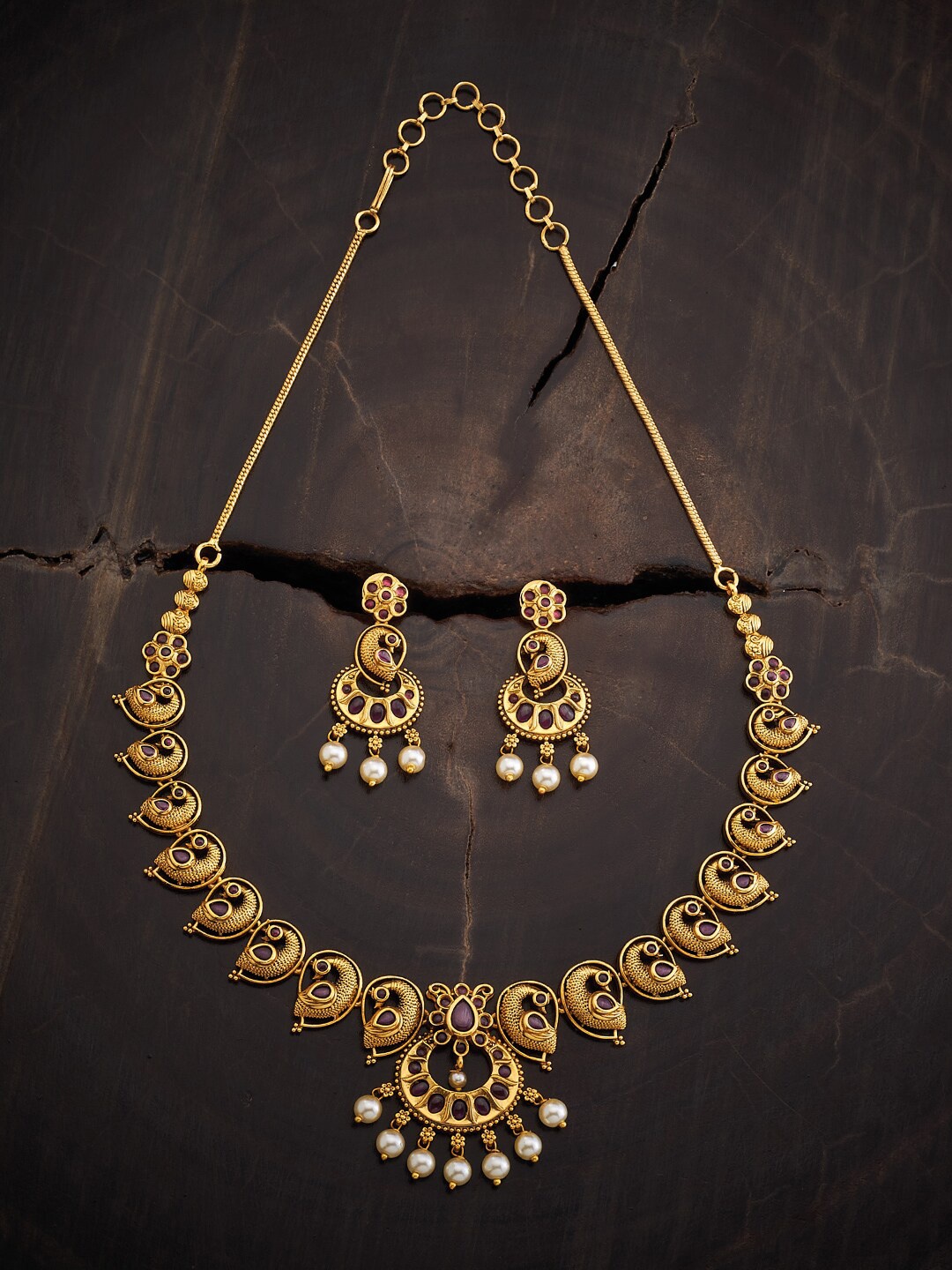 

Kushal's Fashion Jewellery Gold-Plated Ruby Stone-Studded & Pearl Beaded Jewellery Set, Red