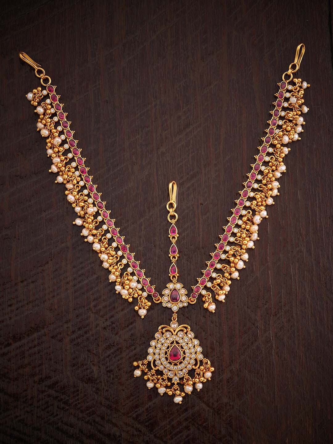 

Kushal's Fashion Jewellery Gold-Plated Stone-Studded & Beaded Temple Maang Tikka
