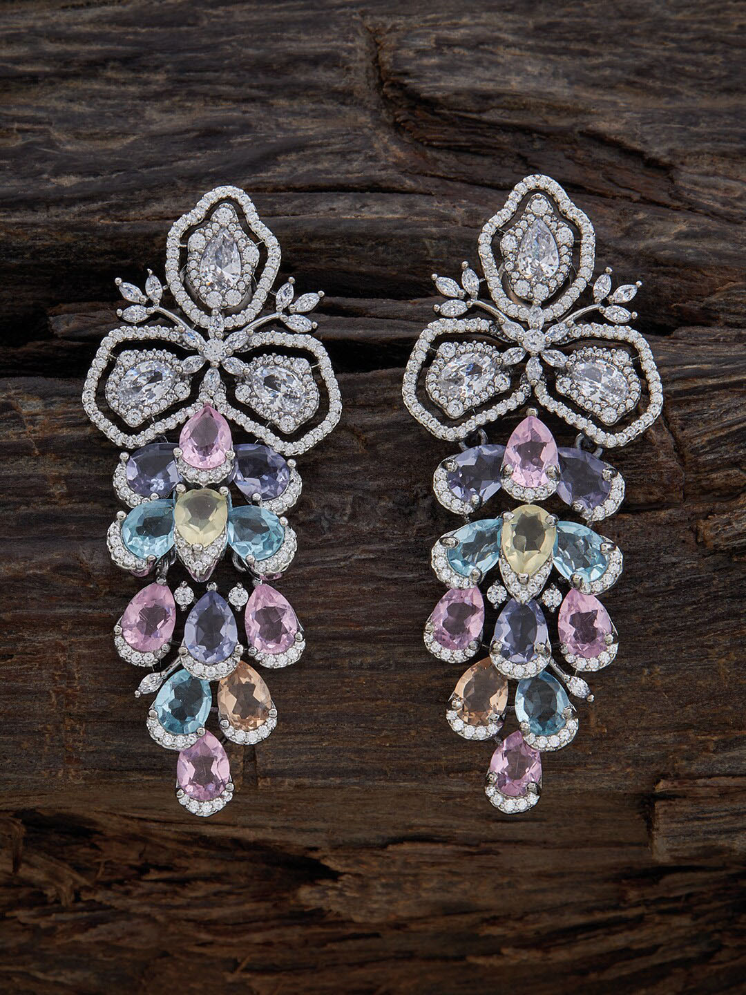 

Kushal's Fashion Jewellery Rhodium-Plated Stone-Studded Teardrop Shaped Studs Earrings, Silver
