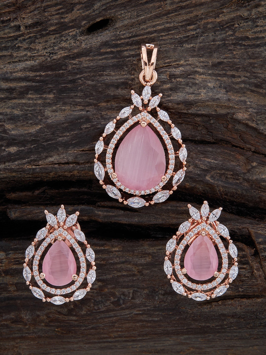 

Kushal's Fashion Jewellery Rose Gold-Plated Zircon-Studded Pendant With Earrings