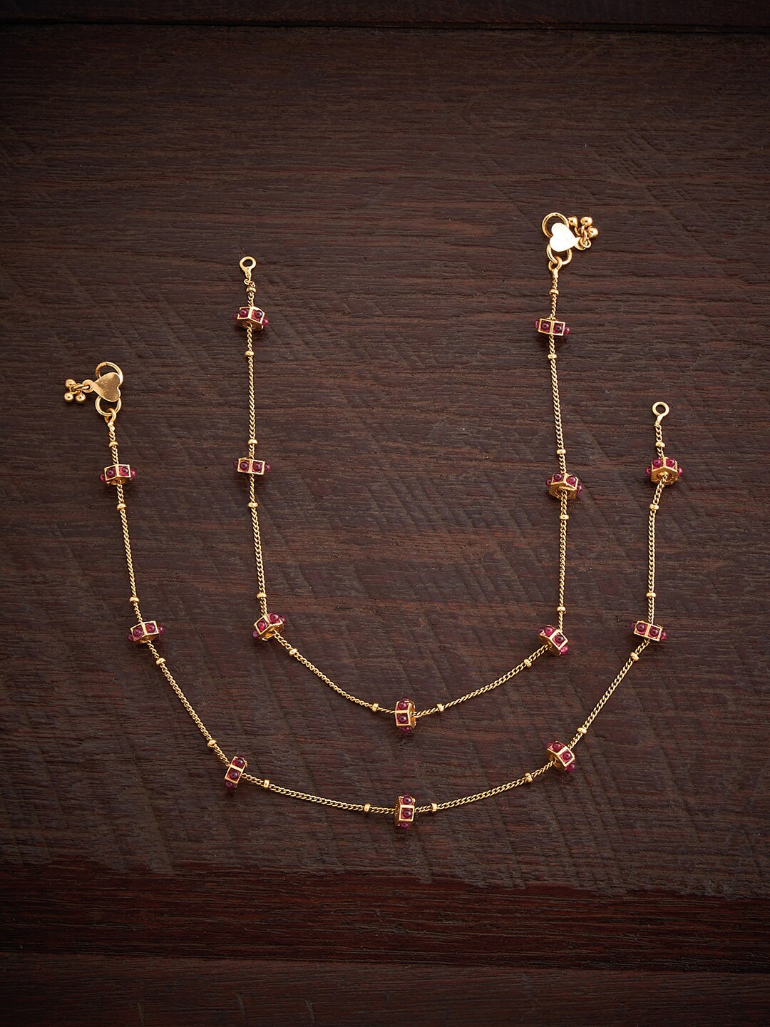 

Kushal's Fashion Jewellery Set Of 2 Gold Plated Stone-Studded Anklets