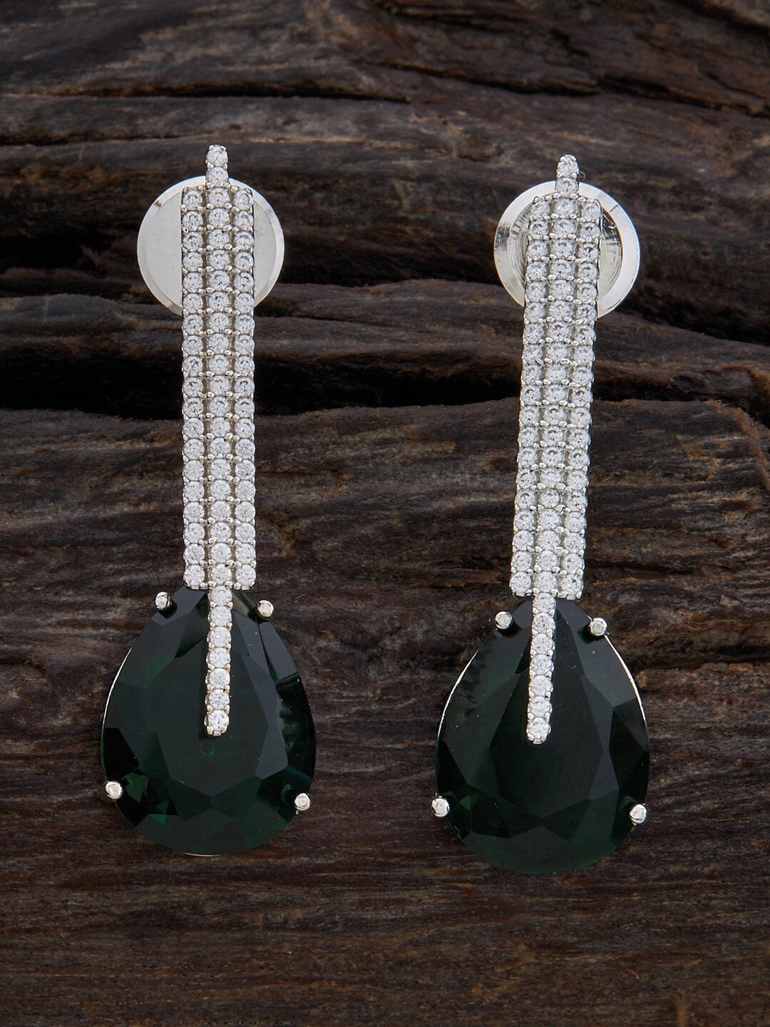 

Kushal's Fashion Jewellery Rhodium-Plated CZ-Studded Teardrop Shaped Drop Earrings, Silver