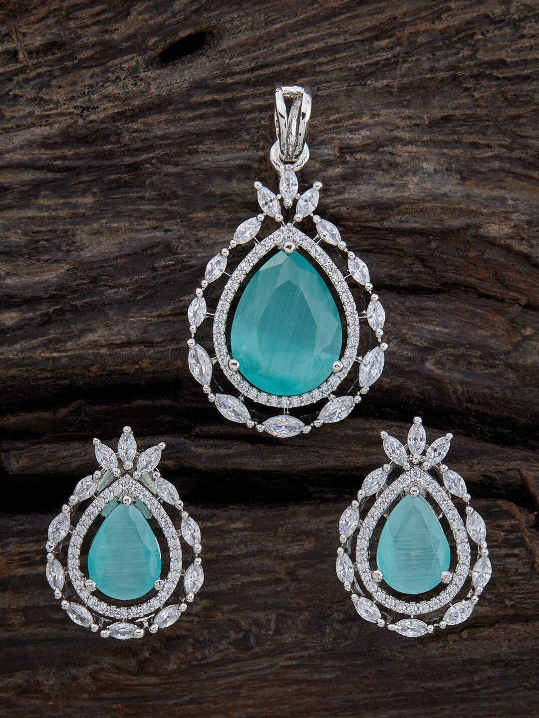 

Kushal's Fashion Jewellery Rhodium-Plated Zircon Studded Pendant With Earrings, Silver