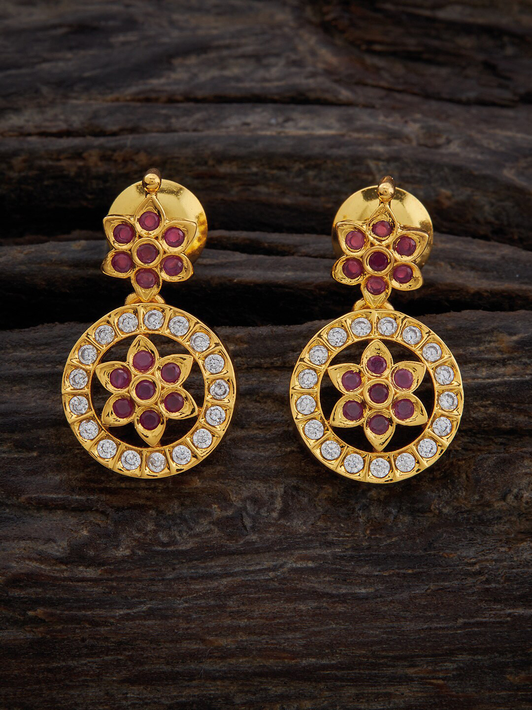 

Kushal's Fashion Jewellery Rhodium-Plated Studded Circular 92.5 Pure Silver Drop Earrings, Gold