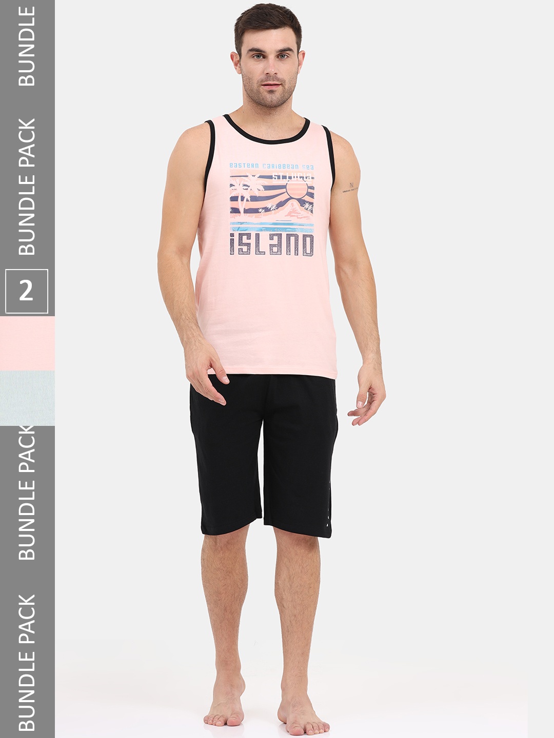 

Masculino Latino Pack Of 2 Typography Printed Sleeveless T-Shirt With Shorts, Pink